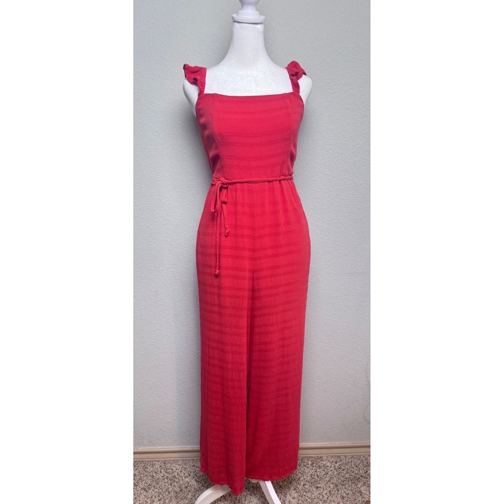 Red Ruffle Strap Wide Leg Jumpsuit Romper‎ Live To Be Spoiled Small Tie Waist